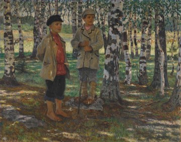 ニコライ・ペトロヴィッチ・ボグダノフ・ベルスキー Painting - 白樺の森の少年たち ニコライ・ボグダノフ・ベルスキー
